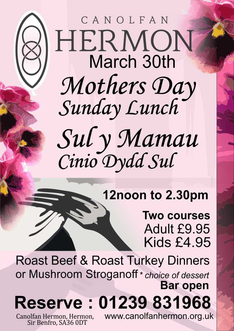 Mother day, sunday lunch, canolfan hermon