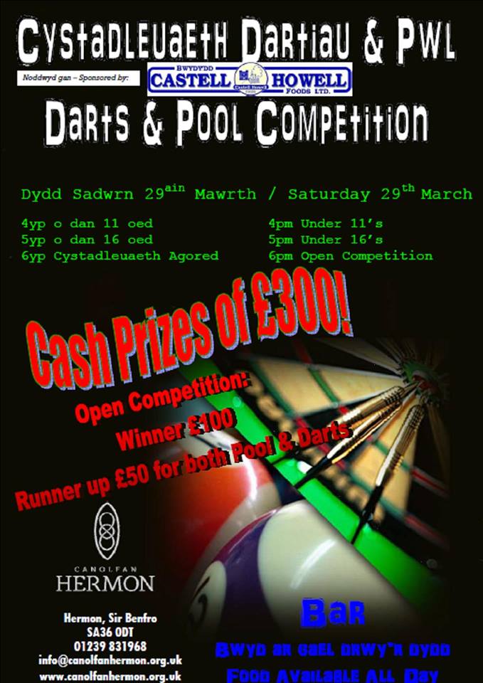 Canolfan Hermon, Pool, darts, competition,