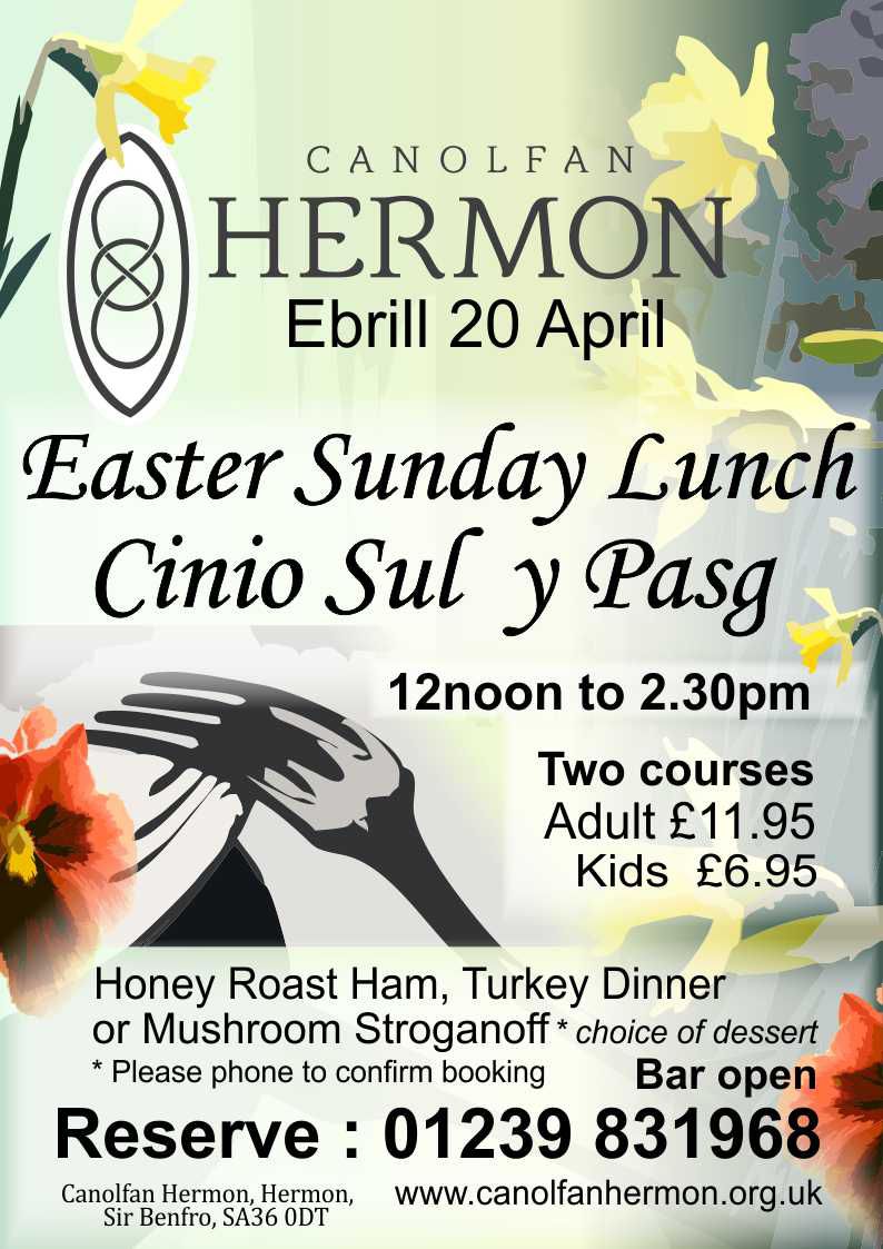 Easter Sunday Lunch, cinio sul y pasg, canolfan hermon
